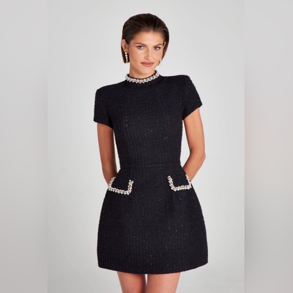 NADINE MERABI Black Tweed Dress with White Accents